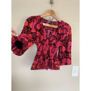 House of Harlow 1960 Nicole Ritchie Pink Black Floral Balloon Sleeve Top XS